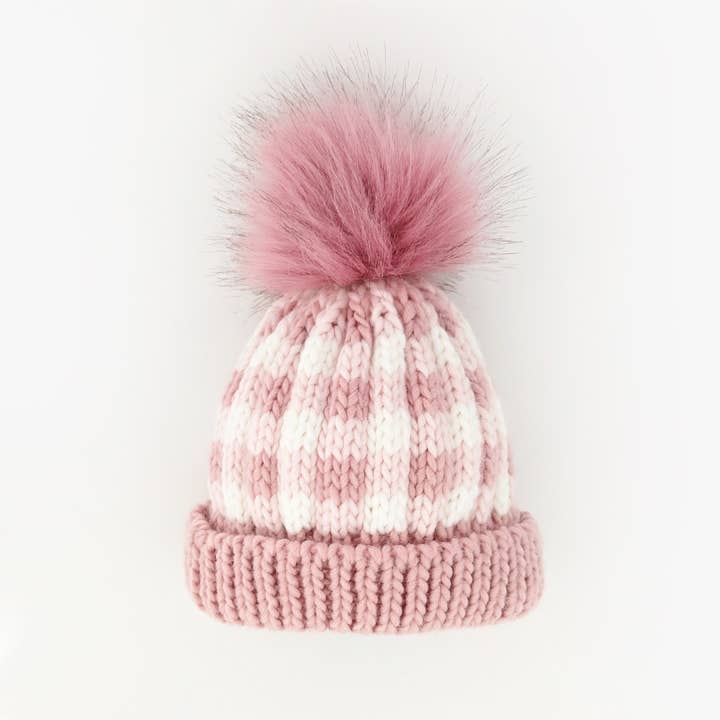 Rosy Pink Buffalo Check Pom Pom Beanie Hat Baby & Kids