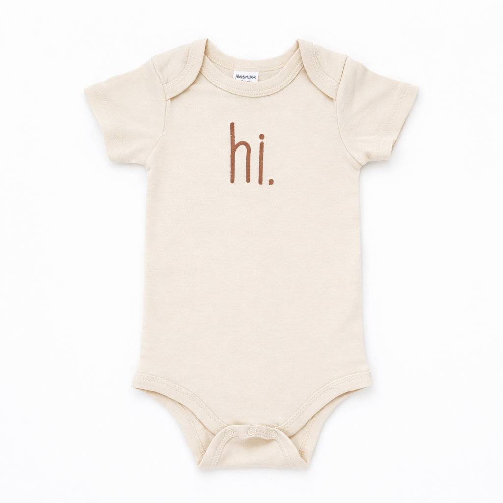 Hi. Embroidered Pecan Cotton Knit Onesie for Baby