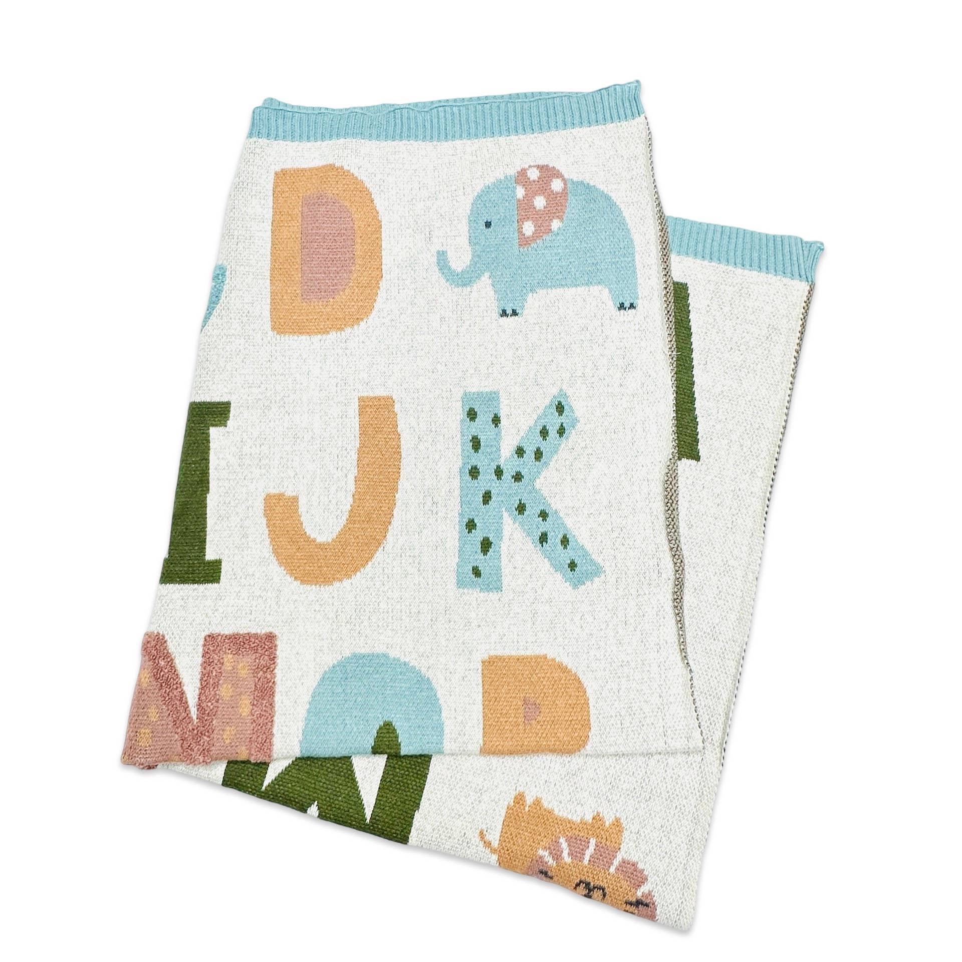 Alphabet Blue - Organic Jacquard Sweater Knit Baby Blanket