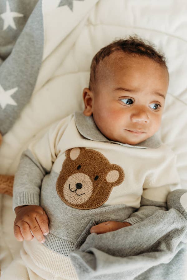 Cuddly Bear Applique Sweater Knit Collar Baby Pullover