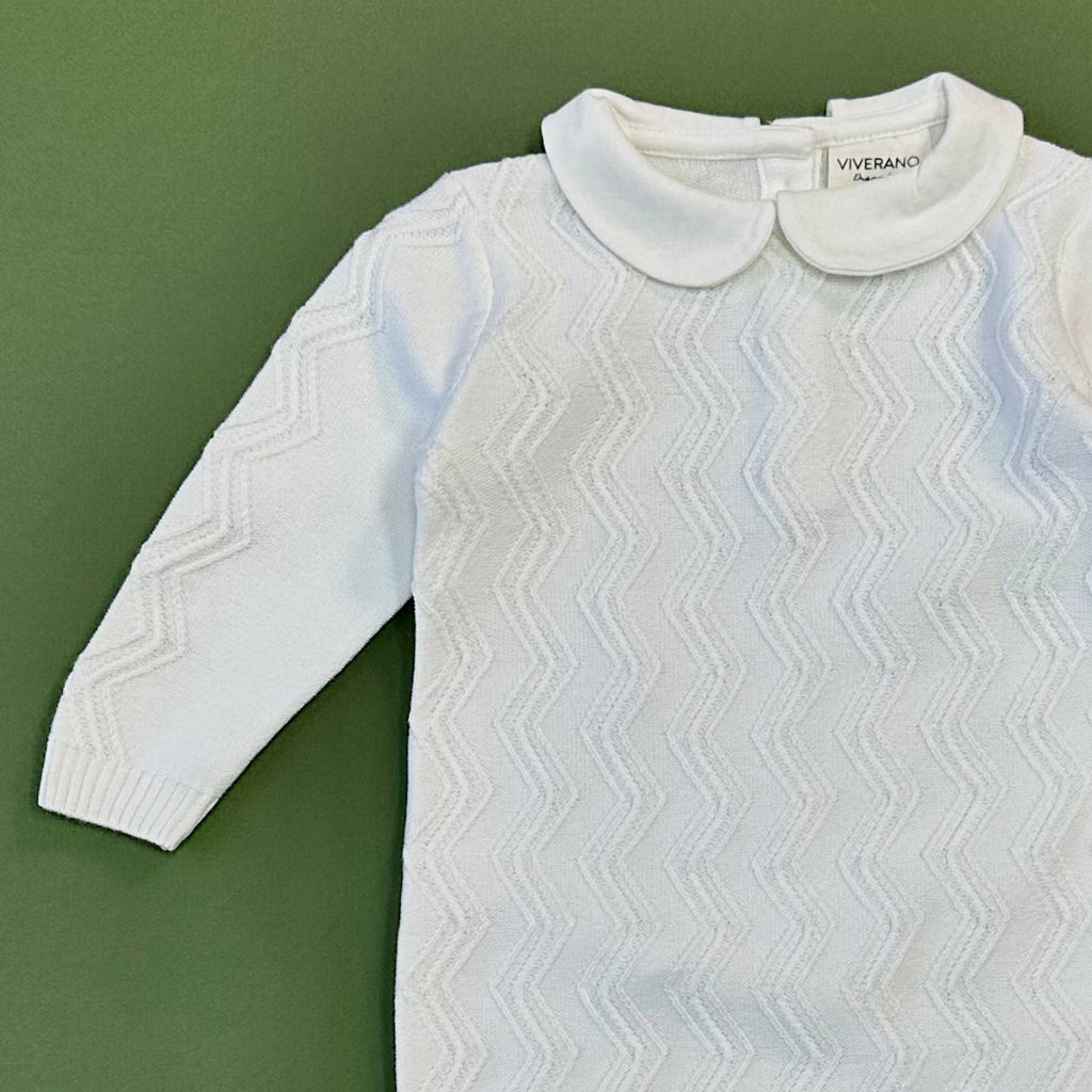 Dove White Knit Peter Pan Chevron Baby Jumpsuit (Organic)