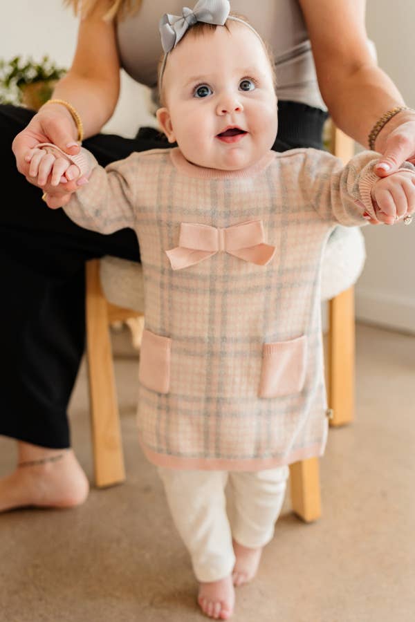 Sophie Bow Checkered Sweater Knit Baby Dress -Organic Cotton