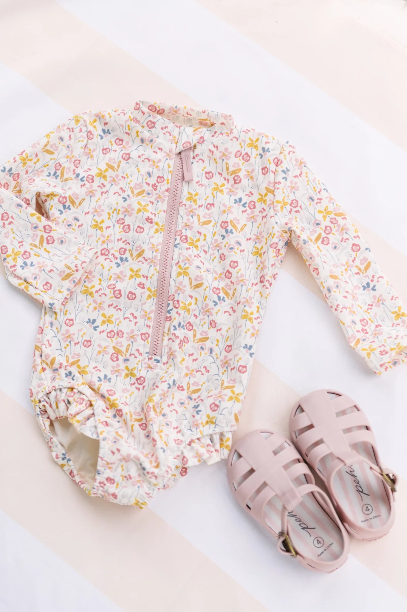 Long Sleeve Hip Ruffle One-Piece Swimsuit