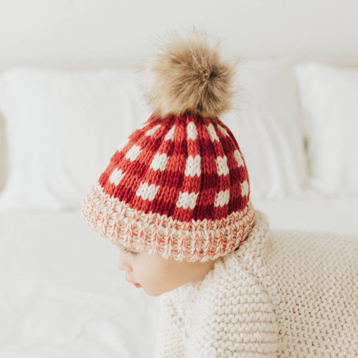 Festive Buffalo Check Pom Pom Beanie Hat Baby & Kids