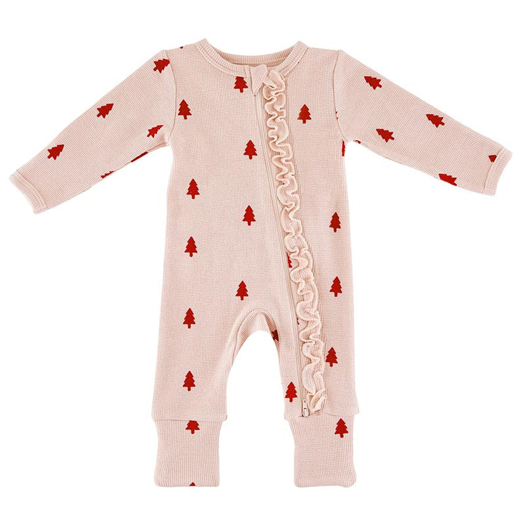 Waffle Knit Cozy Romper With Ruffles | Trees