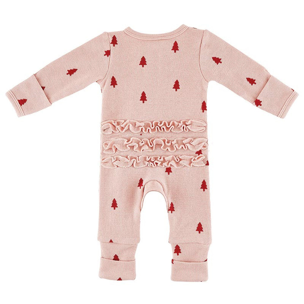 Waffle Knit Cozy Romper With Ruffles | Trees