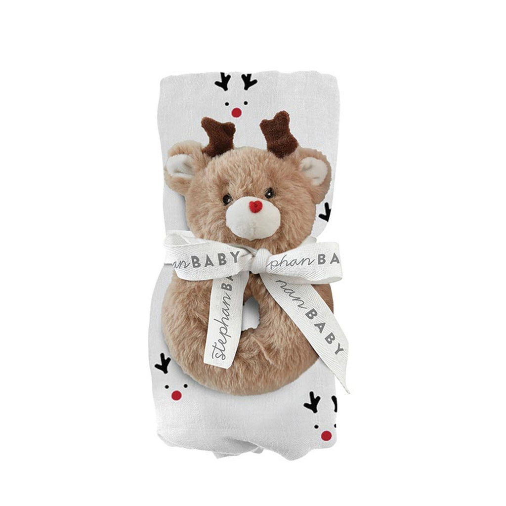 Swaddle Blanket + Plush Reindeer Rattle | Reindeer