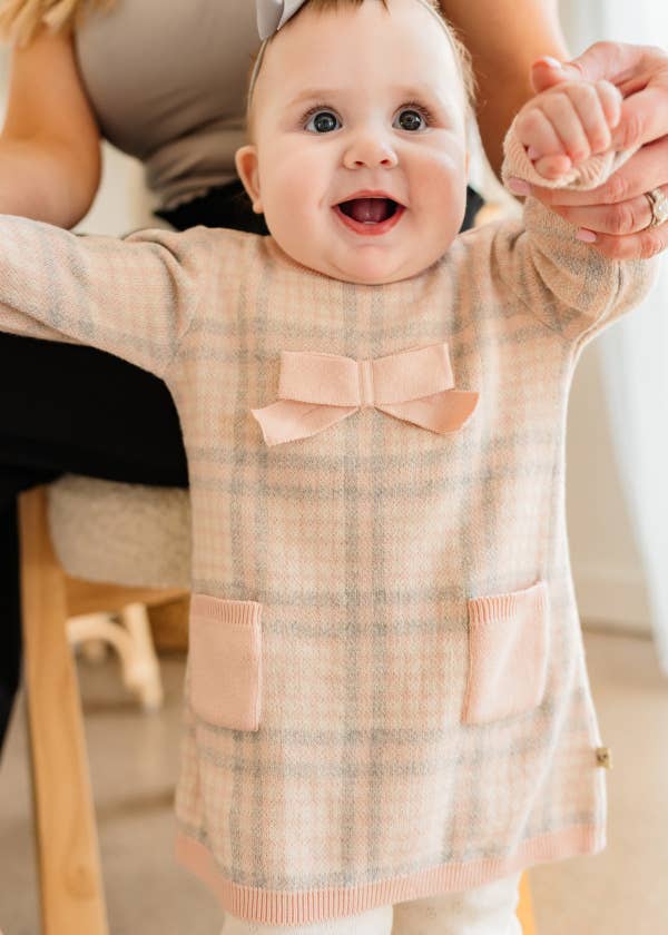 Sophie Bow Checkered Sweater Knit Baby Dress -Organic Cotton