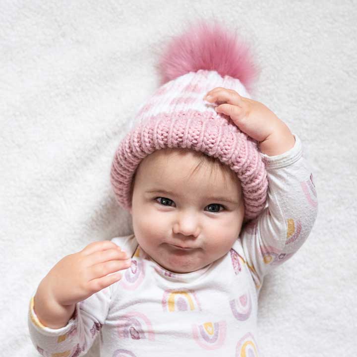 Rosy Pink Buffalo Check Pom Pom Beanie Hat Baby & Kids